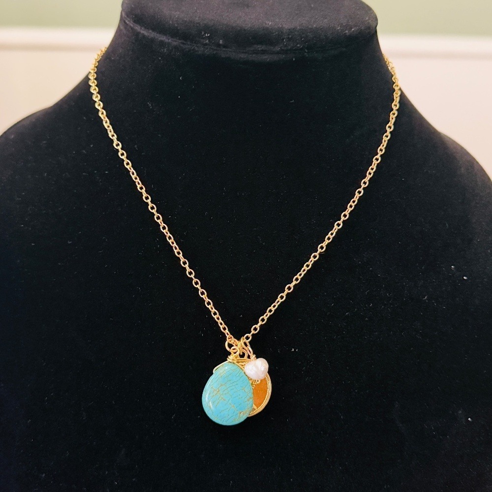 Mayamar 24K Gold Necklace w/ Turquoise, Coin & Pearl Charms‎ | Boho Luxe